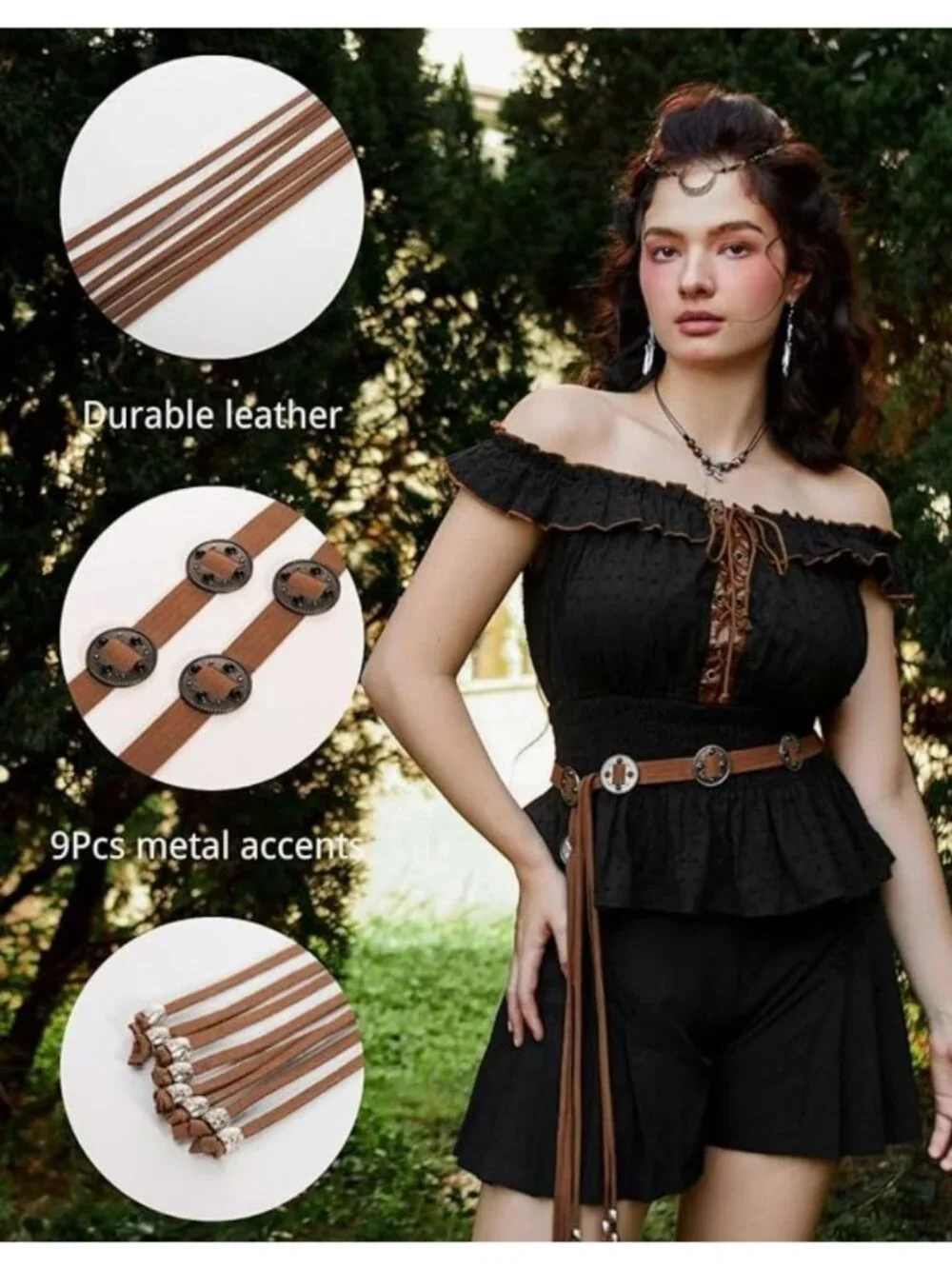 Brown Bohemian Faux Leather Belt With Metal Accents & Tassels - Adjustable